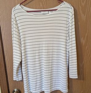 Liz Claiborne Liz & Co. White w/Black Stripe 3/4 Sleeve Boat Neck Top  XL